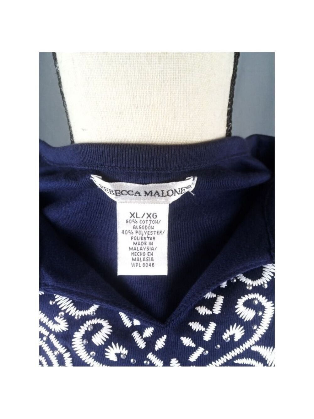 Women's Rebecca Malone Navy White Embroidered Tunic Top XL - Picture 5 of 5